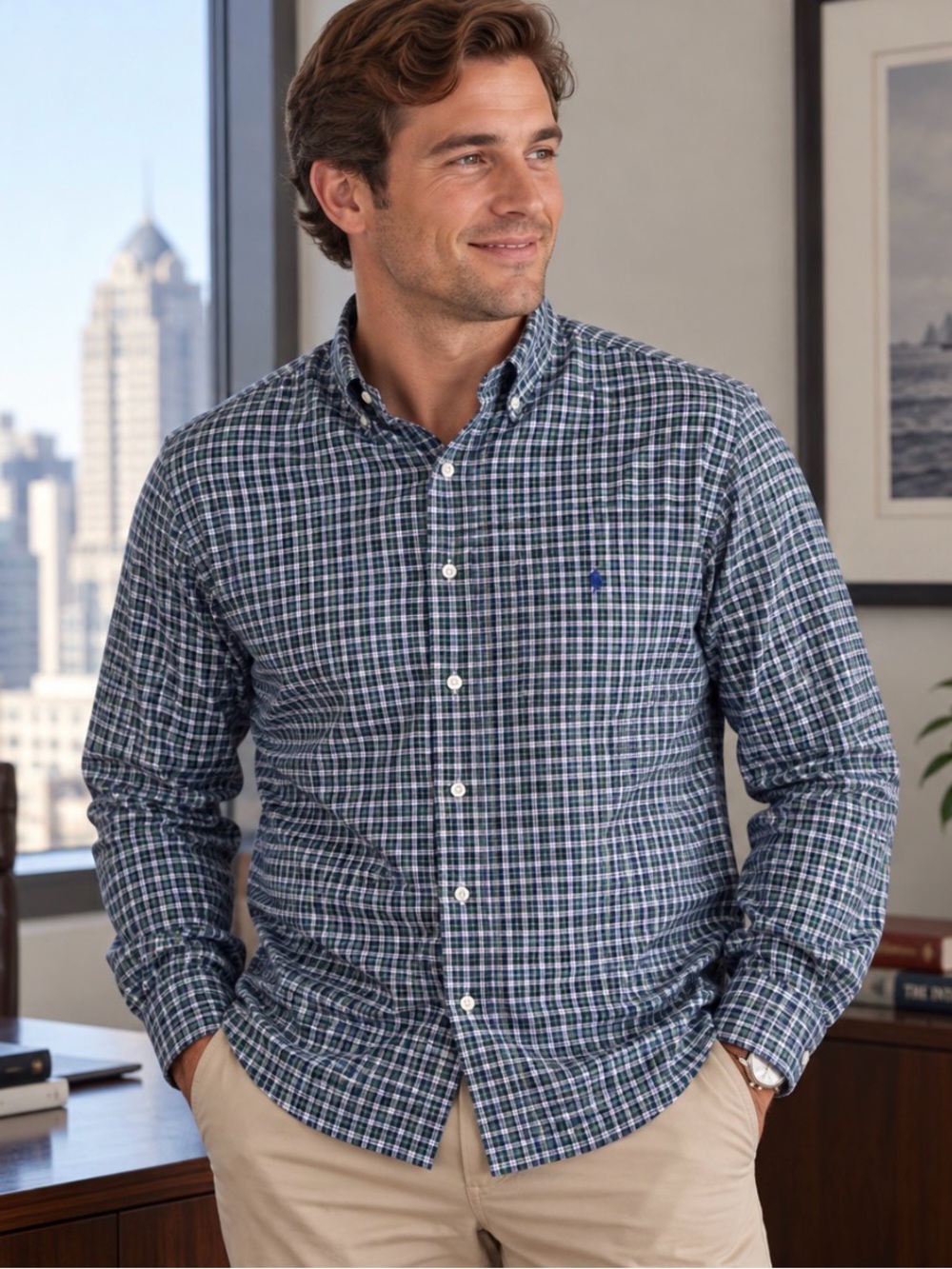 Polo Ralph Lauren Shirt Mens 3XB 3X Big Blue Green Plaid Pocket Cotton Stretch
